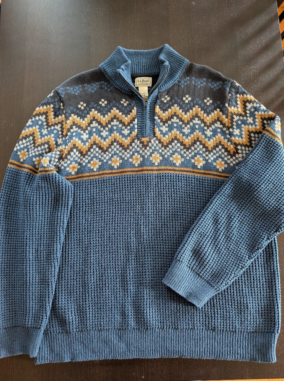 L.L.Bean Men's Organic Cotton Fair Isle Quarter-Zip Waffle Sweater XL